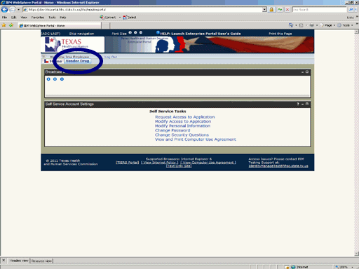 Screen shot of Enterprise Portal Home page with Vendor Drug tab